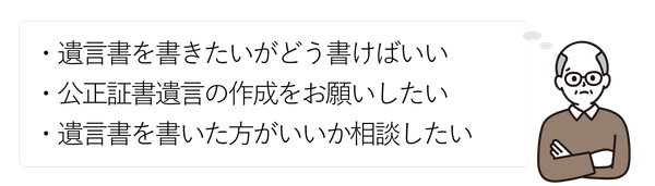 男性①
・遺言書を書きたいがどう書けばいい
・公正証書遺言の作成をお願いしたい
・遺言書を書いた方がいいか相談したい