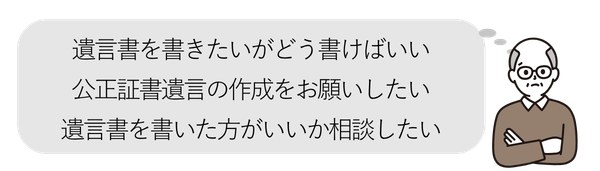 男性①
・遺言書を書きたいがどう書けばいい
・公正証書遺言の作成をお願いしたい
・遺言書を書いた方がいいか相談したい
