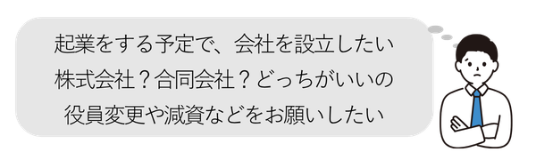 男性②
・会社を設立したい
・株式会社か合同会社どちらがいいの？
・役員変更や減資などをお願いしたい